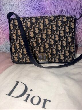 Vintage Dior Beige and Navy Oblique Crossbody with Gold CD Accent